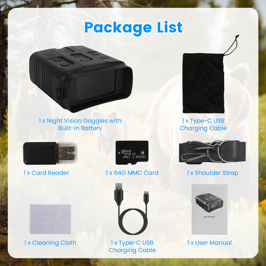1Pc Night Vision Goggles 4K Full-Color Binoculars 10X Zoom With 2624ft Viewing Range 3in Screen 64G MMC Card WIFI APP Control Save Photo And Video For Camping Hunting & Security
